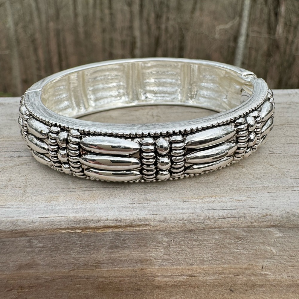The Loft Bracelet, Shiny Silver Tone with Tiny Rhinestones, Bangle Opens /Closes